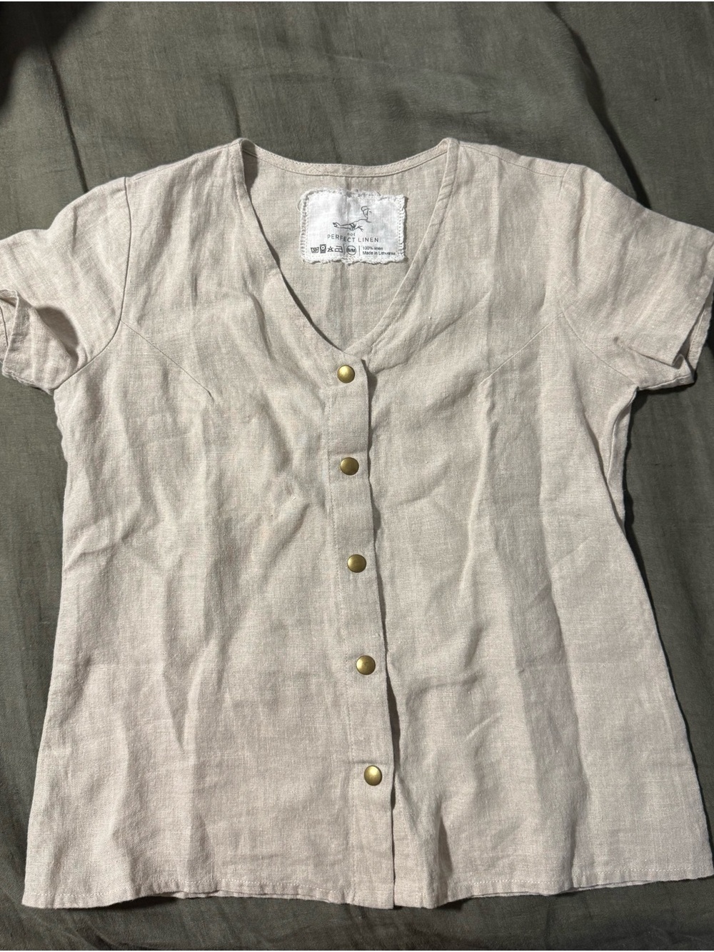notPERFECTLINEN Beige Linen Button-Front Short-Sleeve Blouse